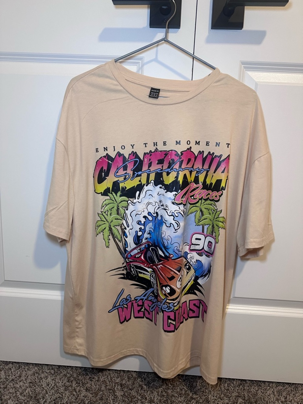 SHEIN Beige Short-Sleeve Tee with Multicolor West Coast Racing Graphic